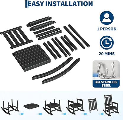 HDPE Rocking Chair Outdoor Set of 2 - Poly High Back Porch Rocker Chairs for Adults - All Weather Resistant Furniture for Patio Front Porch - Black