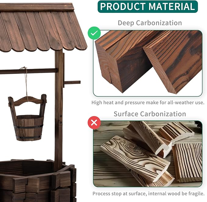 UDPATIO Rustic Solid Fir Wood Wishing Well Planter for Outdoor Plants, 16.5 in Diameter