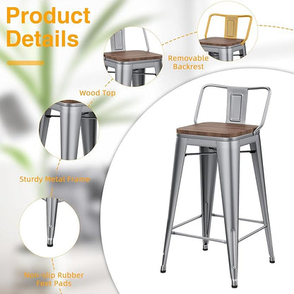 Yongchuang 30 inch Bar Stools Set of 4 Bar Height Metal Barstools with Wood Seat Low Back Kitchen Bar Chairs Silver