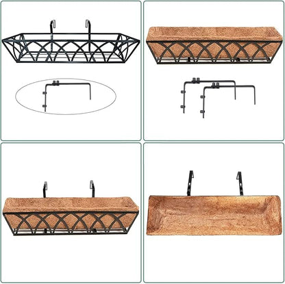 HFHOME 2 Pcs 30" Window Box Deck Railing Planter with Horse Trough Coco Liners, Black Metal Hanging Flower Planters Baskets for Indoor, Outdoor, Balcony, Porch, Fence, Patio, and Lawn