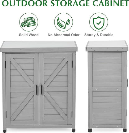 Outdoor Storage Cabinet & Potting Bench Table with Metal Top, Wooden Patio Furniture, Garden Workstation (Classic Grey, 36x31x17in)