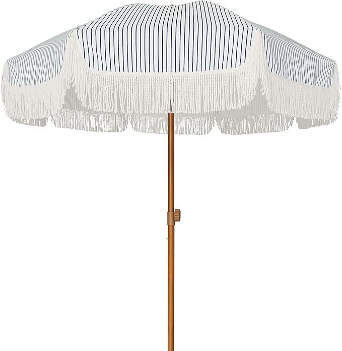 AMMSUN 7ft Patio Umbrella with Fringe Outdoor Tassel Umbrella UPF50+ Premium Steel Pole and Ribs Push Button Tilt, Navy Blue Stripes