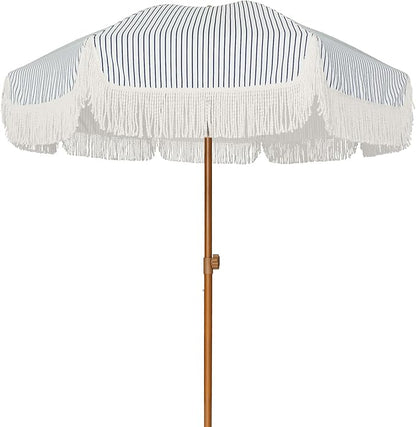 AMMSUN 7ft Patio Umbrella with Fringe Outdoor Tassel Umbrella UPF50+ Premium Steel Pole and Ribs Push Button Tilt, Navy Blue Stripes