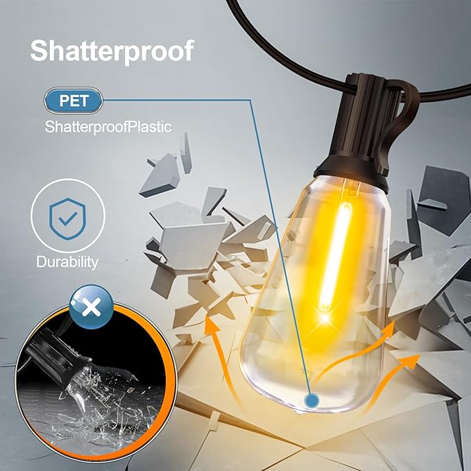 Outdoor String LED Patio Lights - 100Ft 30M Outside Waterproof Light with Remote Dimmable ST38 Shatterproof Bulb Connectable Hanging Outdoor Electric Lighting for Backyard Yard Gazebo Porch Party