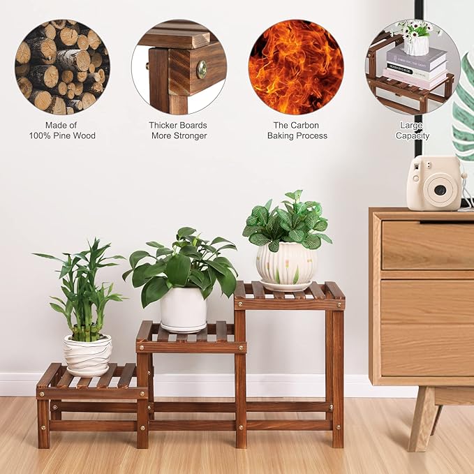 3 Tiers Plant Stand Indoor,Wood Plant Stands for Indoor Plants Multiple,Corner 3 Steps Ladder Plant Shelf High Low Flower Stand Planter Display Rack for Patio Balcony Living Room