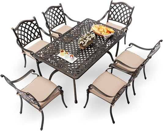 7-Piece Cast Aluminum Patio Furniture, Patio Dining Set for 6 Include 59" Rectangular Outdoor Dining Table and 6 Stackable Chairs with Cushions & Umbrella Hole (Bronze)