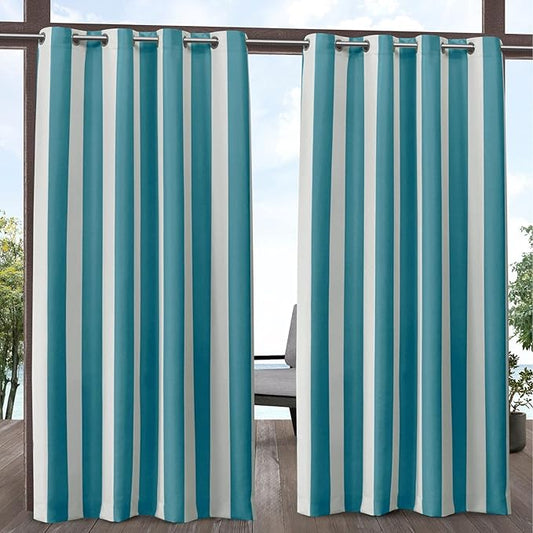 Exclusive Home Canopy Stripe Indoor/Outdoor Grommet Top Curtain Panel, 54"x84", Teal / White, Set of 2