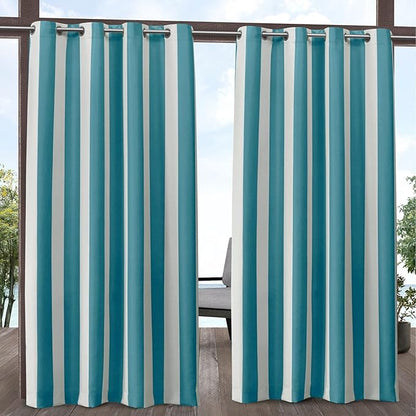 Exclusive Home Canopy Stripe Indoor/Outdoor Grommet Top Curtain Panel, 54"x96", Teal / White, Set of 2
