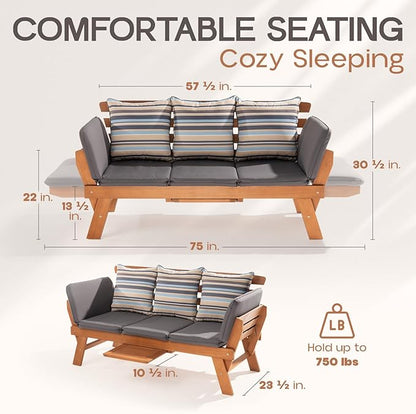 IDZO Amelie Outdoor Daybed Sofa: 750lbs Max Weight Support, Sleeper Chair with Armrest, Coffee Tray, 3 Pillows, FSC Wood, Gray, Ideal for Outdoor Couch