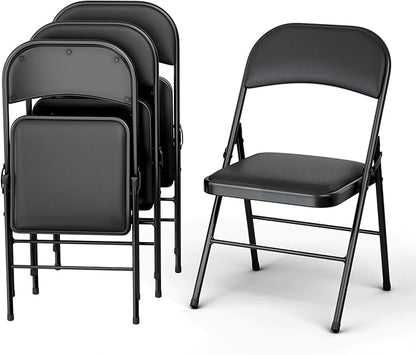 4 Pack Leather Chair | Foldable & Stackable | 350 lbs Capacity Steel Frame Seats for Indoor or Outdoor | Commercial Use Events Wedding Party Events Bulk Picnic Kitchen Dining - Black