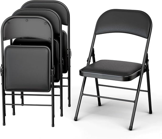 4 Pack Leather Chair | Foldable & Stackable | 350 lbs Capacity Steel Frame Seats for Indoor or Outdoor | Commercial Use Events Wedding Party Events Bulk Picnic Kitchen Dining - Black