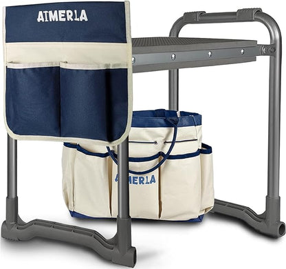 Aimerla Foldable Garden Kneeler Seat Heavy Duty [Upgraded Widened Thick Kneeling Pad] Garden Stool with Large Garden Tool Bags with Pockets - Portable Garden Bench Gardening Gifts for Parents