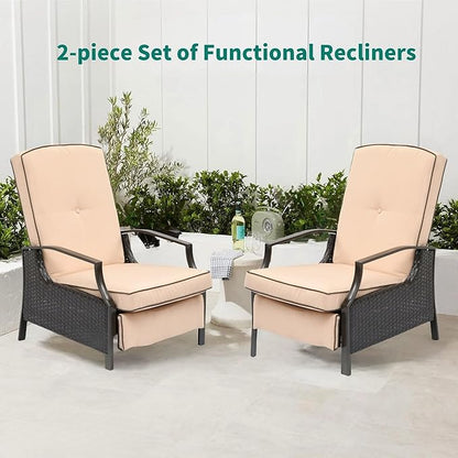 YITAHOME Outdoor Recliner Chair, 2-Piece Patio Adjustable Wicker Reclining Lounge Chairs, Dual-use Rattan Furniture Set with Soft Thick Cushions, Extended Footrest, Flip Back, Brown & Beige