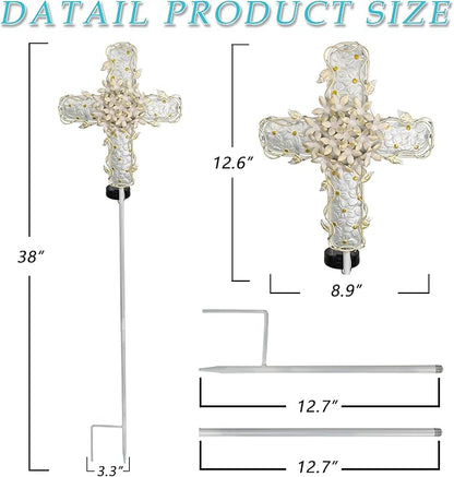 38Inch Solar Cross Garden Lights Outdoor Decorative - Solar Metal&Glass Cross White Hydrangea Flower Stake Lights- Waterproof 20 Warm White LED for Remembrance Gifts & Sympathy Gifts.