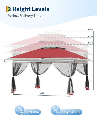 Canopy Tent 12x12 ft, Pop Up Gazebo One-Push Setup with 4 SandBags for Backyard Parties and BBQs, Mosquito Netting & Height Adjustable - Red