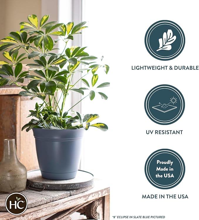 The HC Companies Eclipse Round Planter with Saucer - Outdoor & Indoor Plant Pot with Drainage Holes - Lightweight, UV-Resistant Plastic Pots for Plants, Flowers & Herbs (8" Black, Pack of 1)