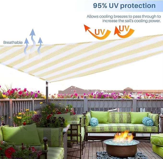 E&K Sunrise 27' x 27' x 27' Sun Shade Sail Triangle Canopy Shade Cover UV Block for Patio Backyard Garden Outdoor (Beige White Strip)