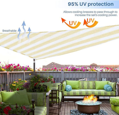 E&K Sunrise 9' x 9' x 9' Sun Shade Sail Triangle Canopy Shade Cover UV Block for Patio Backyard Garden Outdoor (Beige White Strip)