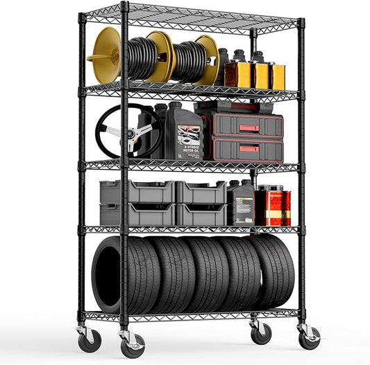 5-Shelf Storage Shelves,Wire Shelving Heavy Duty Metal Storage Shelving Unit Adjustable Garage Shelving Rack Pantry Kitchen (Black, 5 Tier,17.7" D x 47.2" W x 76.7" H)