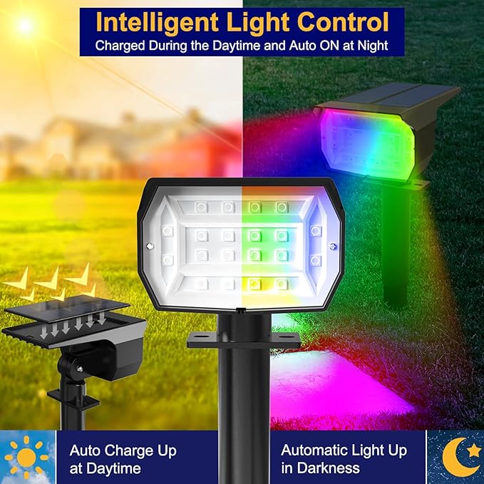nipify 2 Pack Solar Spot Lights Outdoor Color Changing, 7 Modes Halloween RGB Solar Powered Waterproof Spotlight, Landscape Lighting for Outside Yard Garden Pathway