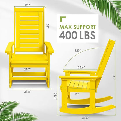 GREENVINES Outdoor Rocking Chair Set | 3-Piece | 2 Rocking Chairs with 1 Side Table | Porch Rocker | HDPE Plastic | Yellow | Patio Furniture Sets | High Back | Big & Tall | Ladder Back