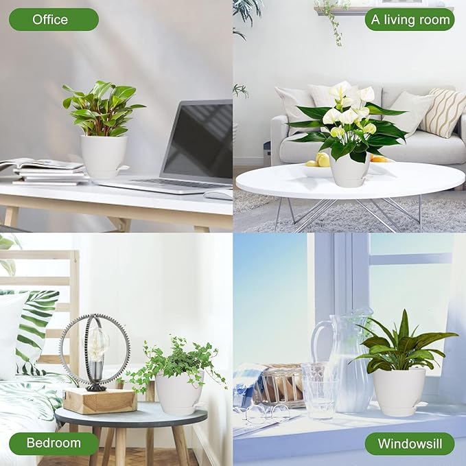 Plant Pots, 7/6.5/6/5.5/5 Inch Self Watering Planters, Pots for Indoor Plants with Drainage Hole for Succulents, African Violet (Matte White)