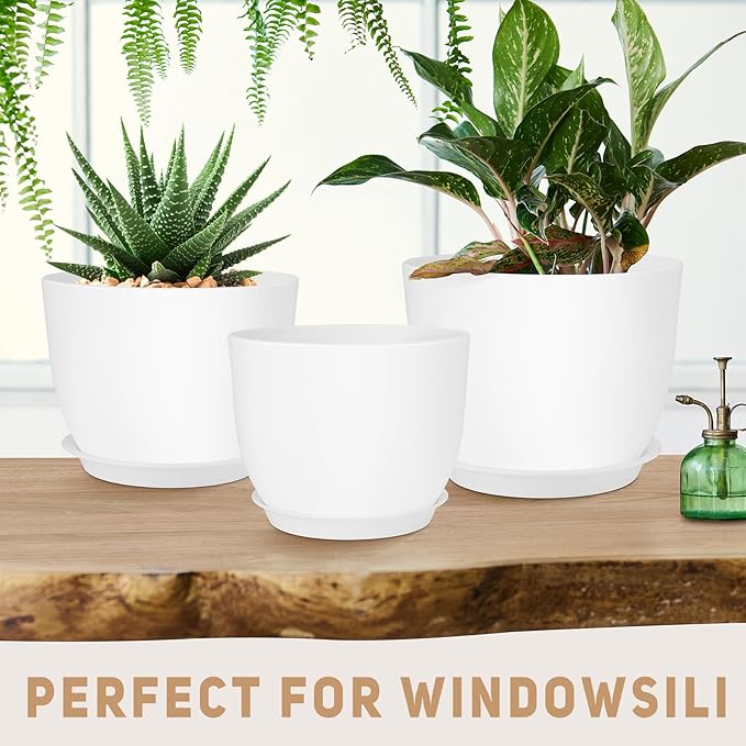 Plant Pots 12/10/9 inch Set of 3, Flower Pots with Multi Mesh Drainage Holes, Large Planters for Indoor Outdoor Garden Plants and Flowers. (White)