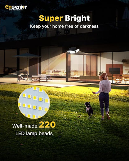 Ensenior Solar Lights Outdoor Motion Sensor, 2600LM 220 LED High Brightness, 3 Head 270° Wide Angle Flood Lights, Remote Control Security Lights 4 Modes, IP65 Waterproof Wireless Wall Light, 3 Pack