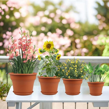 11 Inch Plastic-Flower-Pot-for-Indoor-Plants, 4 Pack Large Outdoor Planter Pot with Drainage Holes & Saucers, Resin Decorative Garden Pots Planters