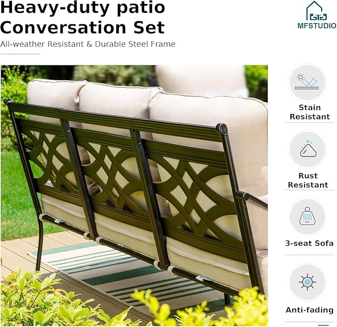 MFSTUDIO 7 Seats Metal Patio Conversation Furniture Sets, 6 Pieces Outdoor Sectional Sofa with 2 Swivel Chairs, 2 Fixed Chairs, 3-seat Sofa and Table for Outside Backyard Poolside Garden