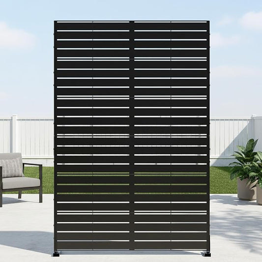 Casaphoria Metal Privacy Screen Outdoor, 72" H x 47" W Freestanding Decorative Privacy Screen for Patio Deck Balcony Garden with Stable Base, Louvered Black
