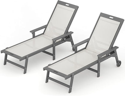 LUE BONA Chaise Lounge Chair Outdoor Set of 4, HDPS and HDPE Wicker Chaise Lounger with 5 Positions, Pool Lounge Chairs with Wheels and Adjustable Backrest for Patio, Poolside, Deck, Backyard