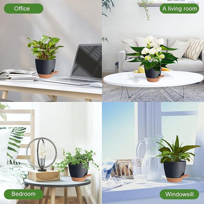 Plant Pots Pack of 5, 7/6.5/6/5.5/5 Inch Self Watering Planters with Drainage Hole Planter for Indoor Plants, Planting Pots for African Violet, Ochid and House Plants (Black)