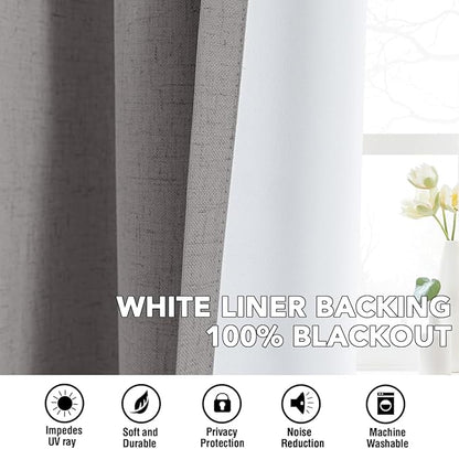 H.VERSAILTEX Linen Curtains 100% Blackout Curtains for Bedroom 84 inch Long Full Light Blocking Nature Linen Blended Window Curtains for Living Room Nickel Grommet (2 Panels, Heathered Dove)