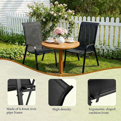 MAMIZO Patio Dining Chairs, Stackable All Weather Teslin Chair, Heavy Duty Outdoor Breathable Chairs Set, w/Armrests, Upgraded Chair FeetW/Strenthened Iron Spacers, 330 LBS (8, Black)