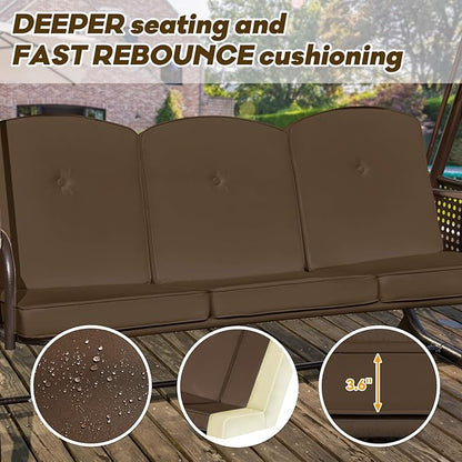 3 in 1 Outdoor Porch Swing with Adjustable Canopy, 3 Seat Outdoor Swing for Adults, Patio Swing Chair with Thickened Cushions,Pillows & Cup Holders for Backyard, Porch, Garden (Brown)