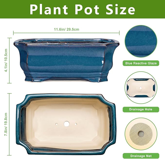 Bonsai Pots 11.6 Inch - Ceramic Succulent Pots with Drainage Hole, Rectangular Planter for Indoor Outdoor, Decorative Ceramic Flower Pot, Home Garden Room Decor, Plant Lover Gifts, Retro Blue