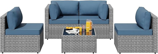 SUNLEI 5pcs Patio Furniture Sets Conversation Set, Low Back All-Weather Rattan Sectional Sofa with Tea Table&Washable Couch Cushions, Outdoor Furniture Set (Silver Rattan)