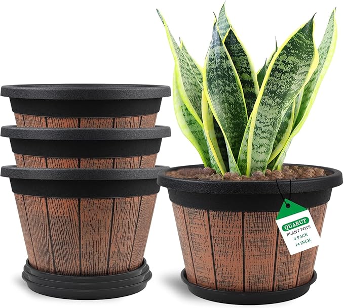 Quarut Large 4 Pack 14 inch Plant Pots,Whiskey Barrel Planters with Drainage Holes & Saucer,Plastic Decoration Flower Pots Retro Design,Planters for Outdoor Indoor Garden Balcony Plants (Brown)