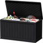JUMMICO 160 Gallon Resin Outdoor Storage Deck Box with Divider, Waterproof Storage Box&Bench with Lockable Lid for Garden Tools, Pools Supplies (Black)
