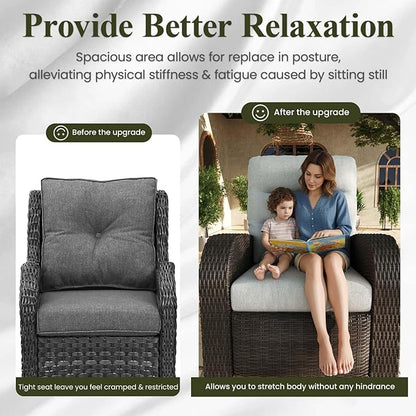 LayinSun Oversized Wicker Outdoor Swivel Glider Recliner with Adjustable Backrest & Footrest, Patio Reclining Lounge Chair - Set of 2