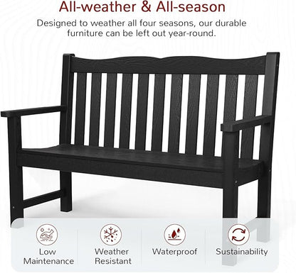 Stoog All-Weather 2-Person Outdoor Bench, 800 lbs Capacity HIPS Plastic Garden Bench for Patio, Backyard, Porch and Park, Never Fades & Rust-Proof, Black