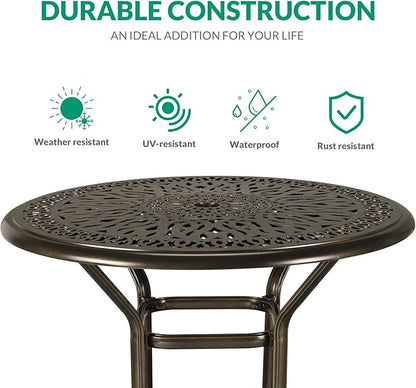 VIVIJASON 5-Piece Patio Swivel Bar Stools Set, All Weather Cast Aluminum Outdoor Bar Height Bistro Set with 4 Cushioned Bar Chairs & 35.4" High Bar Table w/Umbrella Hole for Backyard, Lawn, Garden