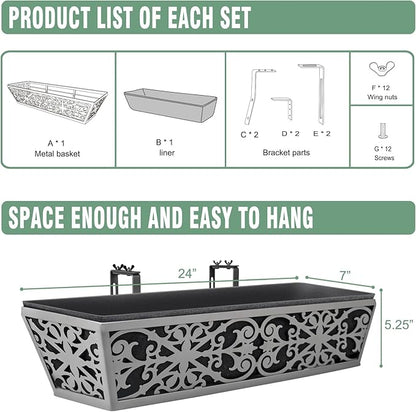 6 Pack 24 Inch Window Boxes Planter for Outdoor Plants Deck Railing Planters Box with Adjustable Brackets for Porch Fence Balcony Hanging Flower Baskets with Non-Woven Fabric Liner for Garden Decor