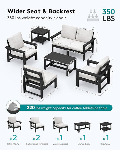 SERWALL HDPE Patio Conversation Set, 6-piece Sectional Outdoor Furniture Set, All Weather Outdoor Couch Set Patio Furniture Set for Deck, Lawn, Black Frame with Khaki Cushion