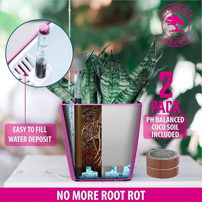 GARDENIX DECOR 5" Self Watering pots for Indoor Plants - Flower Pot with Water Level Indicator for Plants, Grow Tracking Tool - Self Watering Planter Plant Pot – 2 Pack Purple