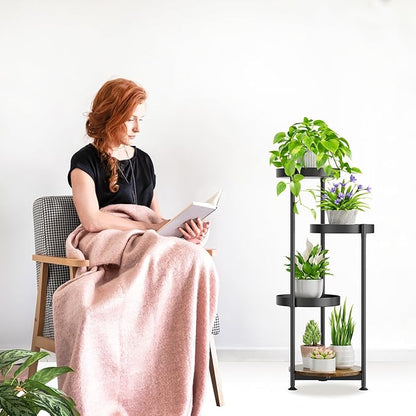 Plant Stand Indoor Outdoor Clearance, 4 Tier Metal Tall Flower Shelf Holder, Multiple Plant Round Corner Rack Organizer Display for Patio Orchid Office Porch Living Room Garden Balcony, Black