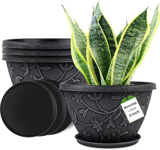 4 Pack 8 Inch Flower Pots for Outdoor Indoor, Plastic Plant Pots with Drainage Hole & Saucer, Lightweight Small Resin Flower Pot, Imitation Magnolia Pots for Garden House planters（Gray）