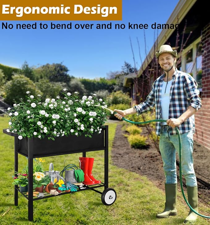 Koutemie Outdoor Raised Planter Bed Box with Legs for Gardening, Elevated DIY Garden Cart on Wheels for Vegetables Flower Tomato Herb Plant, Black