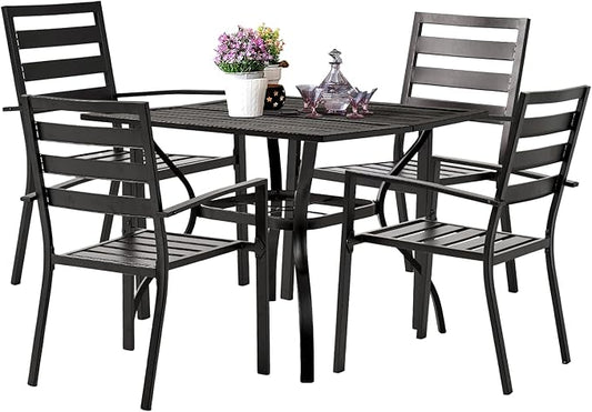 VINGLI 5-Piece Outdoor Dining Set, Metal Patio Dining Set for 4, Square Dining Table with Umbrella Hole & 4 Patio Chairs for Porch, Balcony and Backyard